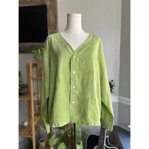 Vintage 90s Chico's Design Lime Green Linen Button Front Blouse Size 3 XL